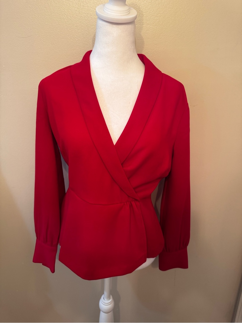J. Crew Red 3/4 Sleeve Length Faux Wrap Side Zip Peplum Waist Blouse Top Sz 4